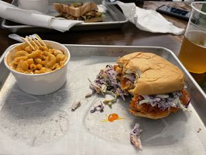Nashville hot chikin sandwich and buffalo Mac and cheese all vegan   at Dharma Southern Chick'n in Orlando