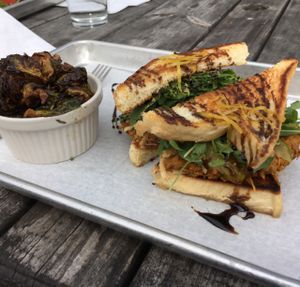 BBQ Pulled jackfruit sandwich with Brussels at Dharma Southern Chick'n in Orlando