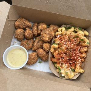 adult chick’n nuggets + mac n cheese!!  at Dharma Southern Chick'n in Orlando