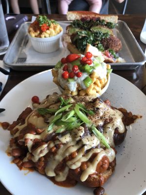 ? chili cheese dogs, fried green tomato sandwich  at Dharma Southern Chick'n in Orlando