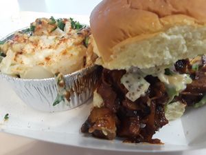BBQ Jackfruit Slider with Potato Salad at Dharma Southern Chick'n in Orlando