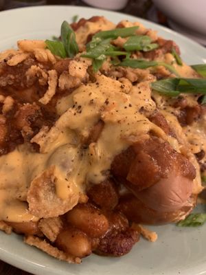 Vegan hot dogs with Indian spiced chili and cheese 🤘🏼 at Dharma Southern Chick'n in Orlando