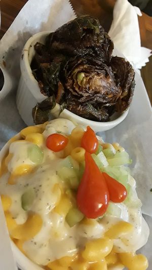 Spicy mac n cheeze and brussel sprouts at Dharma Southern Chick'n in Orlando