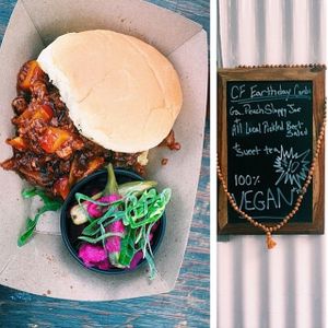 Georgia peach sloppy joe + local pickled veg at Dharma Southern Chick'n in Orlando