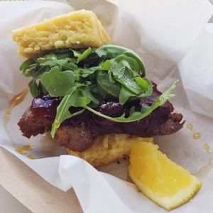 Maple sausage sandwich with cran-orange chutney  at Dharma Southern Chick'n in Orlando