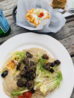 Biscuits and gravy and buffalo mac and cheese at Dharma Southern Chick'n in Orlando
