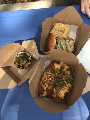 Chili dogs, brew burger, Mac n cheese, Brussels  at Dharma Southern Chick'n in Orlando