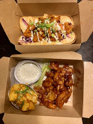 Buffalo poboy and bbq Wings at Dharma Southern Chick'n in Orlando