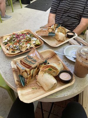 Dean Street Burritos, Nachos, and Nutella Iced Coffee (the nachos were nothing special and had watery cheese but everything else was AMAZING)  at Green Cup Cafe in Fort Myers