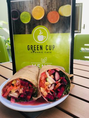 Delicious raw vegan wrap at Green Cup Cafe in Fort Myers