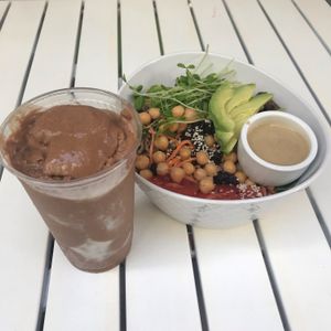 Eden bowl with choconanna smoothie at Green Cup Cafe in Fort Myers