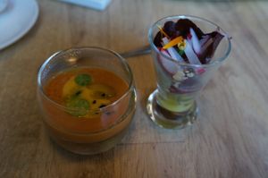Appetizer: tiny soup and salad (complimentary) at Reliva in Bruges