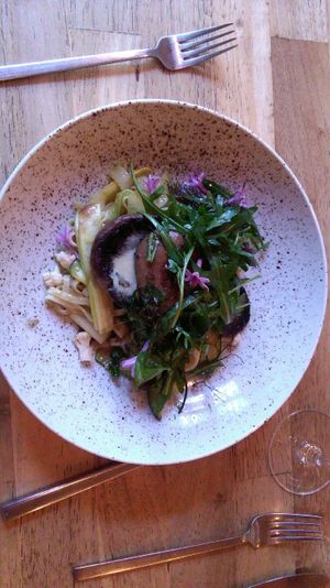 Portobello slow cooked in red wine and grilled with vegan béchamel at Reliva in Bruges