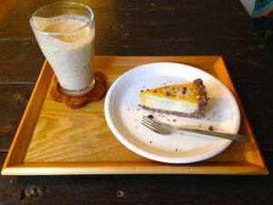 Delicious raw vegan mango cake with a banana smoothie.  at Smoothie etc. in Kyoto
