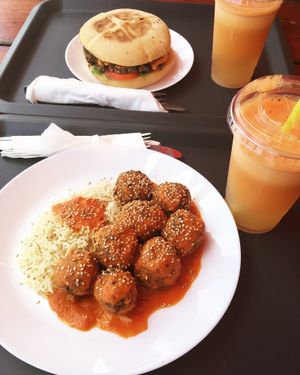 lentil burger and ";meatballs"; at kVegan in Tenerife