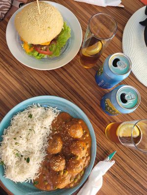 Lentil burger and "meatballs" with rice at kVegan in Tenerife