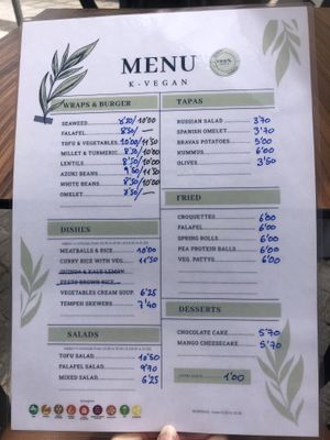 Menu  at kVegan in Tenerife