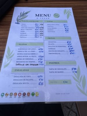 Menu  at kVegan in Tenerife