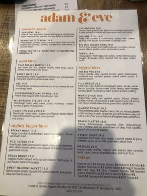 Menu January 2021 at Adam & Eve in Bendigo
