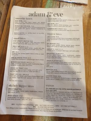 Menu at Adam & Eve in Bendigo