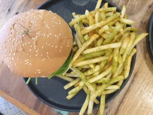Breakfast burger & added side of fries at Adam & Eve in Bendigo