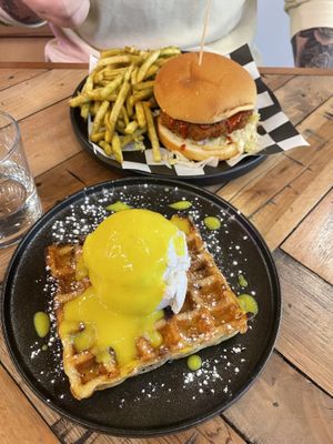 Lemon waffles and zinger burger   at Adam & Eve in Bendigo