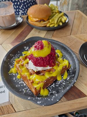 Brekky waffle.and.hamburger at Adam & Eve in Bendigo