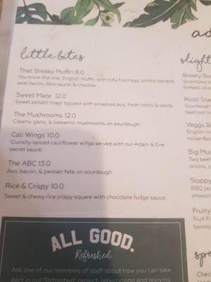 Menu at Adam & Eve in Bendigo
