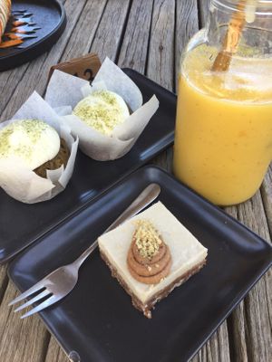 Lemon cake, caramel slice, mango passion smoothie  at Adam & Eve in Bendigo