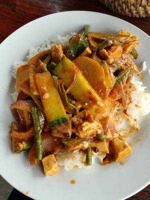 Stir fried vegetables with red coconut milk curry + tofu, 20k at Lai's Place in Luang Namtha