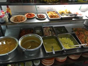 Vegetarian (mostly vegan) part of the buffet at Arati Vilas Banana Leaf Restaurant in Penang