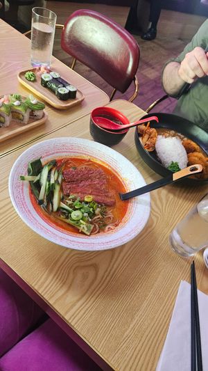 Pumpkin katsu, vegan tonton ramen with bacon, miso soup and Pumpkin sushi all vegan :) at Maki & Ramen in Southampton
