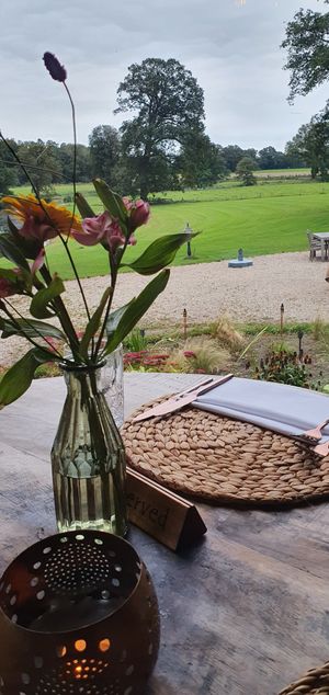 Uizicht door mega groot raam at Hotel Gaia in Diepenveen