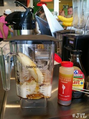 The 'Autumn Apple Crisp' Smoothie in the making...vegan milk (choice of soy, rice or almond), granola, apples, banana, vegan honey, agave and cinnamon!  at Garden Truck in Jacksonville