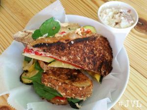 Roasted Vegetable Artichoke Stack Panini on Whole Wheat with a side of Potato Salad ($6.95)  at Garden Truck in Jacksonville