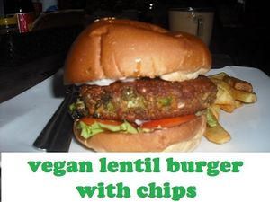 Vegan lentil burger with yellow lentils, peas, broccoli, mushrooms & onion. Flavoured with 5 spice, cumin and curry powder. at Bookworm's Coffee in Ho Chi Minh City