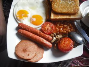 Vegetarian Full English breakfast. Have a vegan option too. Vegan option is scrambled tofu instead of eggs at Bookworm's Coffee in Ho Chi Minh City