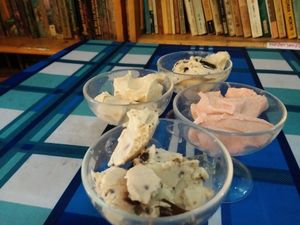 Creamy vegan ice creams. 
Vegan mint choc chip
Vegan vanilla with smashed Oreo's
Vegan vanilla
vegan strawberry at Bookworm's Coffee in Ho Chi Minh City