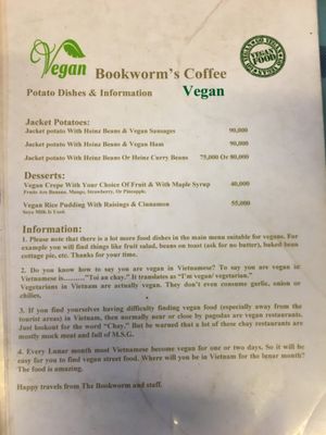 Menu at Bookworm's Coffee in Ho Chi Minh City
