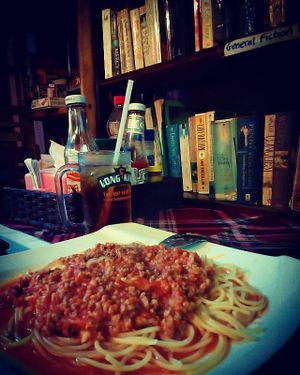 Vegan Spaghetti Bolognese. Made from TVP at Bookworm's Coffee in Ho Chi Minh City