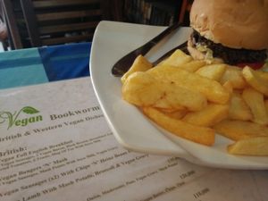 Vegan  Blackbean Burger With Homemade Chips  at Bookworm's Coffee in Ho Chi Minh City