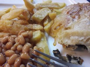Vegan fish and chips with Heinz baked beans at Bookworm's Coffee in Ho Chi Minh City