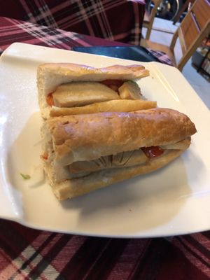 vegan chicken sandwich. It was good, some sauce would have made it even better. at Bookworm's Coffee in Ho Chi Minh City