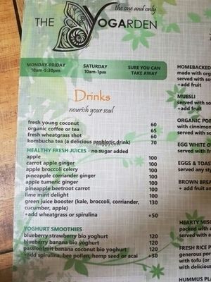 drink menu  at The Yogarden in Koh Samui