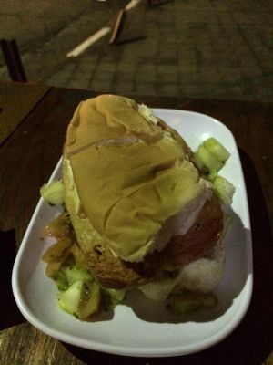 Sausage sandwich with vinaigrette and cheese. at Boteco Ouzar in Sao Paulo