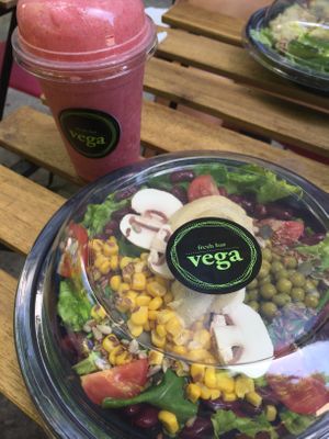 Fat burning smoothie with grapefruit etc and a salad with hummus  at Vega in Skopje