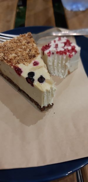 white chocolate-mango cake and white chocolate cube at Vega in Skopje