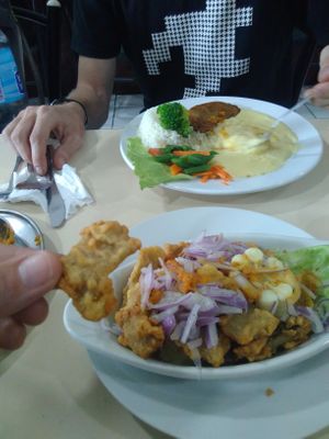 Tasty Chicharrones (fish). We had to ask if it was really veggie (yeah, soya meat) at Los Frutales in Lima