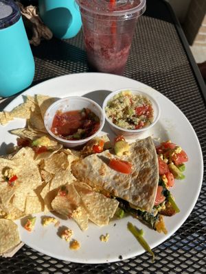 Got the vegan quesodilla and added fakin bacon, avocado, spinach and tomatoes. It was amazing-couldn’t wait to start eating before I got the picture!  YUM!! #Veganuary at Bay Naturals Healthy Market & Kitchen in Myrtle Beach