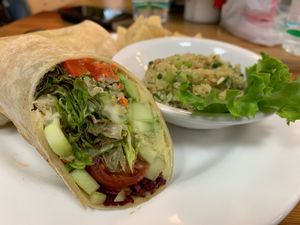 Veggie hummus wrap with a side of quinoa at Bay Naturals Healthy Market & Kitchen in Myrtle Beach